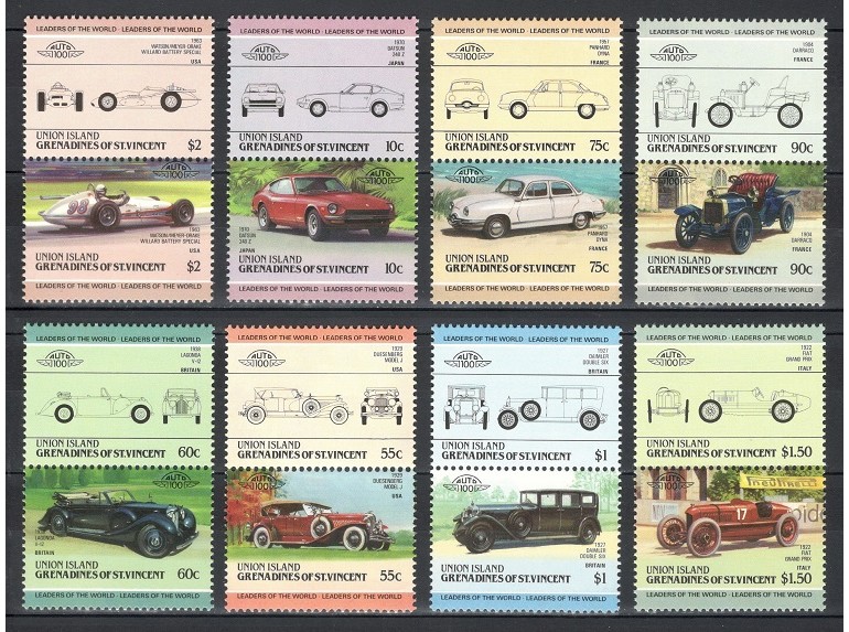 ST VINCENT GRENADINES, UNION ISLAND 1985 - AUTOMOBILE DE EPOCA - SERIE DE 16 TIMBRE - NESTAMPILATA - MNH / auto300